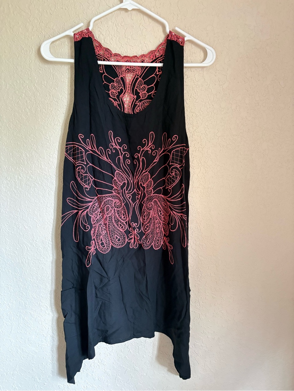 Black Tank with Pink Embroidered Motif